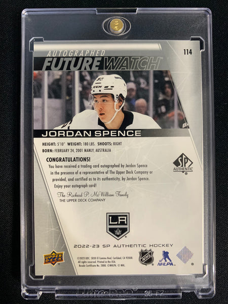 2022-23 UD SP AUTHENTIC HOCKEY #114 LOS ANGELES KINGS - JORDAN SPENCE FUTURE WATCH AUTO ROOKIE 411/999