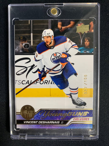 2023-24 UPPER DECK SERIES 1 HOCKEY #202 EDMONTON OILERS - VINCENT DESHARNAIS EXCLUSIVES YOUNG GUNS ROOKIE #'D 027/100