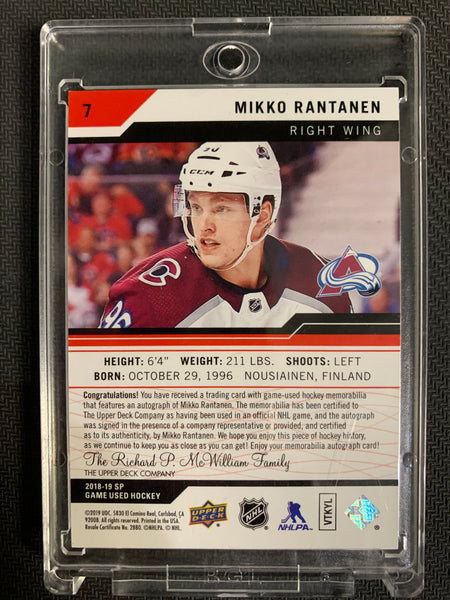 2018-19 UPPER DECK SP GAME USED HOCKEY #7 COLORADO AVALANCHE - MIKKO RANTANEN GAME USED MEMORABILIA AUTO