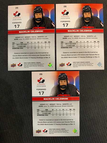 2023 UPPER DECK TEAM CANADA JUNIORS HOCKEY #26 - MACKLIN CELEBRINI LOT OF 3