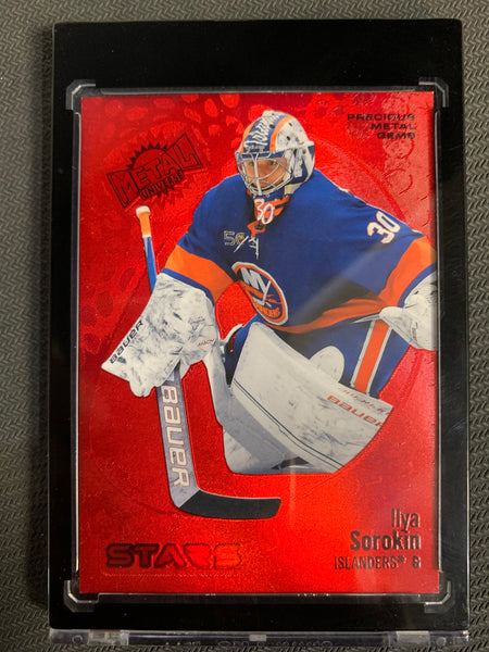 2022-23 UD SKYBOX METAL HOCKEY #145 NEW YORK ISLANDERS - ILYA SOROKIN RED PRECIOUS METAL GEM #'D 100/100