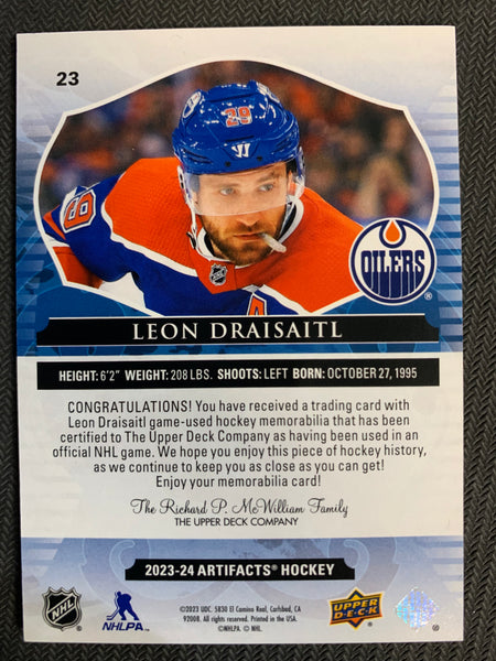 2023-24 UPPER DECK ARTIFACTS HOCKEY #23 EDMONTON OILERS - LEON DRAISAITL GAME USED DUAL PATCH #'D 208/249