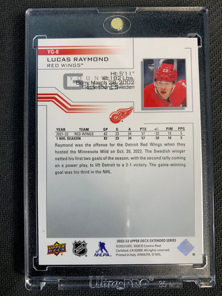 2022-23 UPPER DECK EXTENDED SERIES HOCKEY #YG-8 DETROIT RED WINGS - LUCAS RAYMOND 01-02 EASTER EGG YOUNG GUNS ROOKIE CARD