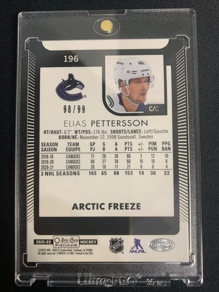 2021-22 UD O-PEE-CHEE PLATINUM HOCKEY #196 VANCOUVER CANUCKS - ELIAS PETTERSSON ARCTIC FREEZE SP NUMBERED 98/99