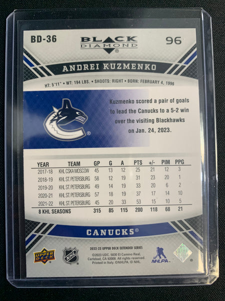 2022-23 UPPER DECK EXTENDED SERIES #BD-36 VANCOUVER CANUCKS - ANDREI KUZMENKO RETRO BLACK DIAMOND ROOKIE CARD