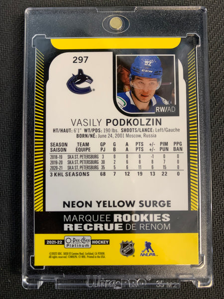 2021-22 UD O-PEE-CHEE PREMIER #297 VANCOUVER CANUCKS - VASILY PODKOLZIN MARQUEE ROOKIES NEON YELLOW SURGE