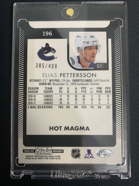 2021-22 UD O-PEE-CHEE PLATINUM HOCKEY #196 VANCOUVER CANUCKS - ELIAS PETTERSSON HOT MAGMA SP NUMBERED 385/499