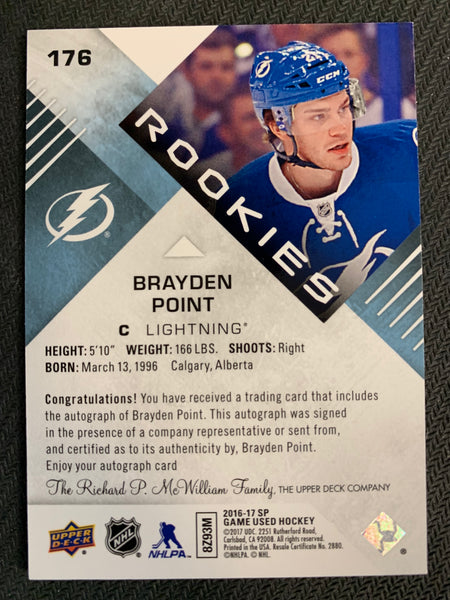 2016 UD SP GAME USED HOCKEY #176 - TAMPA BAY LIGHTNING - BRAYDEN POINT AUTHENTIC ROOKIES AUTO