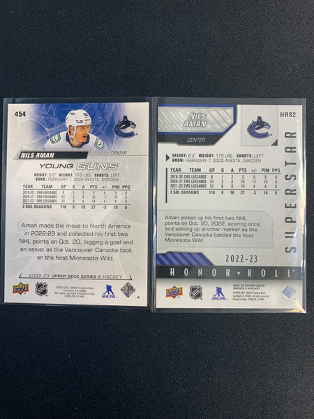 2022-23 UPPER DECK SERIES 2 HOCKEY VANCOUVER CANUCKS - NILS AMAN ROOKIE CARD LOT OF 2