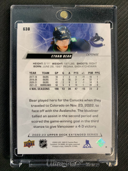 2022-23 UPPER DECK EXTENDED SERIES #638 VANCOUVER CANUCKS - ETHAN BEAR UD EXCLUSIVES NUMBERED 004/100