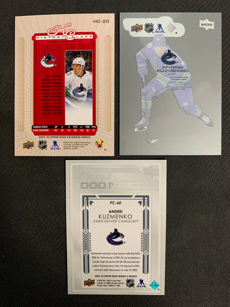 2022-23 UPPER DECK EXTENDED SERIES HOCKEY VANCOUVER CANUCKS - ANDREI KUZMENKO ROOKIE CARD LOT OF 3