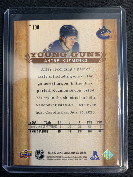 2022-23 UPPER DECK EXTENDED SERIES #T-100 VANCOUVER CANUCKS - ANDREI KUZMENKO RETRO YOUNG GUNS ROOKIE CARD