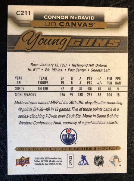 2015-16 UPPER DECK HOCKEY #C211 EDMONTON OILERS - CONNOR MCDAVID YOUNG GUNS CANVAS ROOKIE CARD (JUST PULLED)