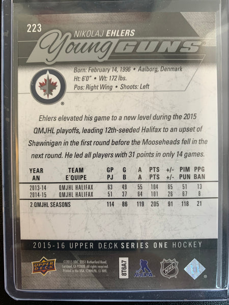 2015-16 UPPER DECK HOCKEY #223 WINNIPEG JETS - NIKOLAJ EHLERS YOUNG GUNS ROOKIE CARD