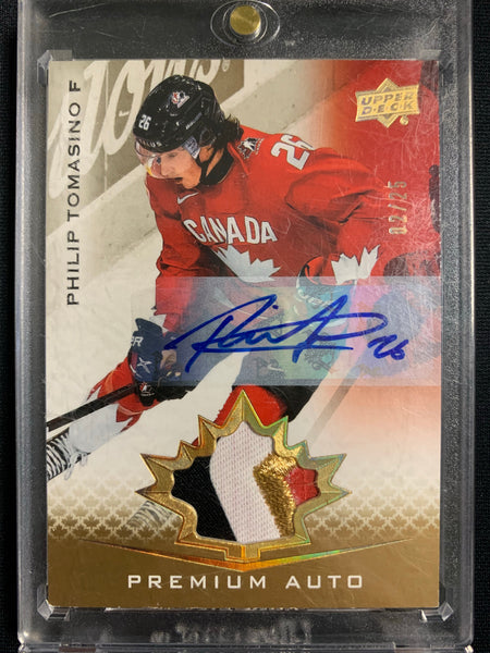 2021 UPPER DECK TEAM CANADA JUNIORS HOCKEY #75 - PHILIP TOMASINO PREMIUM AUTO 4 COLOUR PATCH NUMBERED 02/25