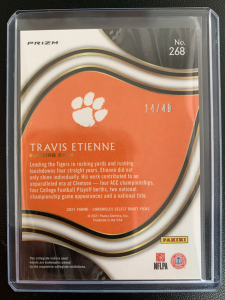 2021 PANINI CHRONICLES DRAFT PICKS FOOTBALL #268 JACKSONVILLE JAGUARS - TRAVIS ETIENNE SELECT PURPLE PRIZM PARALLEL ROOKIE CARD NUMBERED 14/49