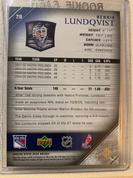 2005-06 UPPER DECK HOCKEY #216 NEW YORK ISLANDERS - HENRIK LUNDQVIST YOUNG GUNS ROOKIE CARD RAW