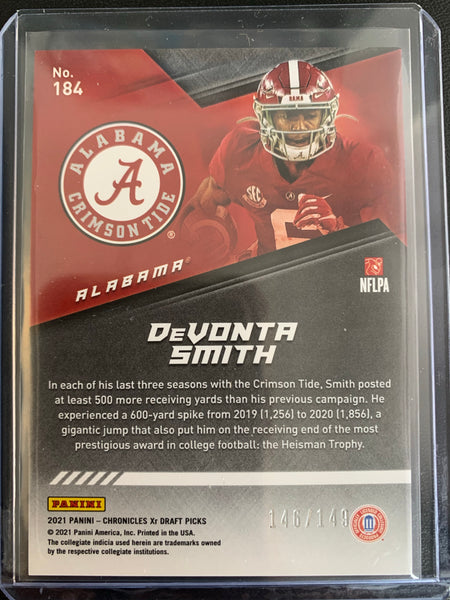 2021 PANINI CHRONICLES DRAFT PICKS FOOTBALL #184 PHILADELPHIA EAGLES - DEVONTA SMITH XR RED PARALLEL ROOKIE CARD NUMBERED 146/149