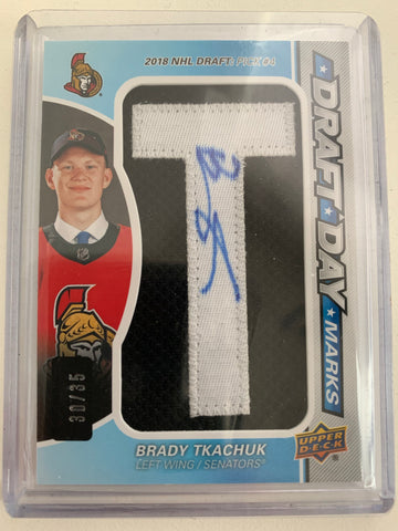 2019-20 UD SP GAME USED HOCKEY #DDM-BT OTTAWA SENATORS -  DRAFT DAY MARKS BRADY TKACHUK AUTO JERSEY CARD #'D 30/35