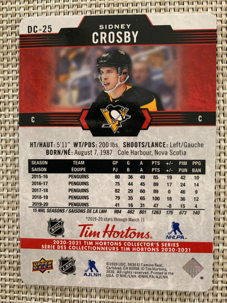 2020-21 TIM HORTONS HOCKEY #DC-25 PITTSBURGH PENGUINS - RED DIE CUT SIDNEY CROSBY CARD RAW