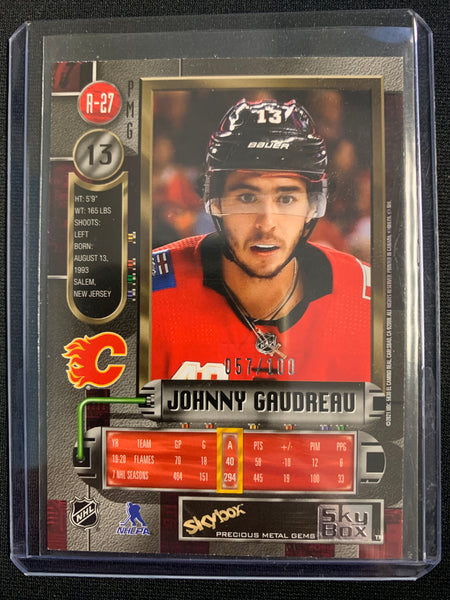 2020-21 UD SKYBOX METAL HOCKEY #R-27 CALGARY FLAMES - JOHNNY GAUDREAU PRECIOUS METAL GEMS NUMBERED 057/100