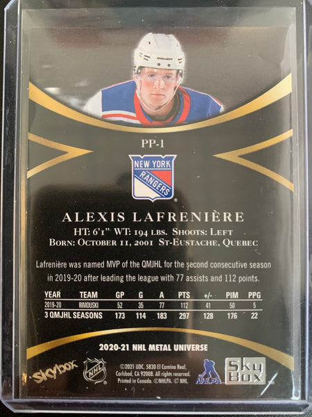 2020-21 UD SKYBOX METAL UNIVERSE HOCKEY #PP-1 NEW YORK RANGERS - ALEXIS LAFRENIERE PREMIUM PROSPECTS ROOKIE CARD