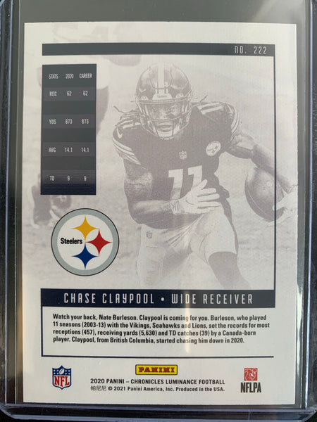 2020 PANINI CHRONICLES LUMINANCE FOOTBALL #222 PITTSBURGH STEELERS - CHASE CLAYPOOL ROOKIE CARD