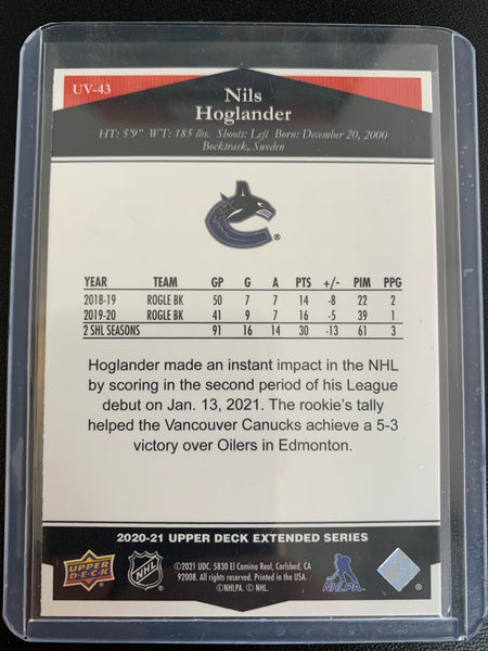 2020-21 UPPER DECK EXTENDED HOCKEY #UV-43 VANCOUVER CANUCKS - NILS HOGLANDER VICTORY ROOKIE CARD