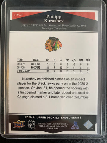 2020-21 UPPER DECK EXTENDED HOCKEY #UV-28 CHICAGO BLACKHAWKS - PHILIPP KURASHEV VICTORY ROOKIE CARD