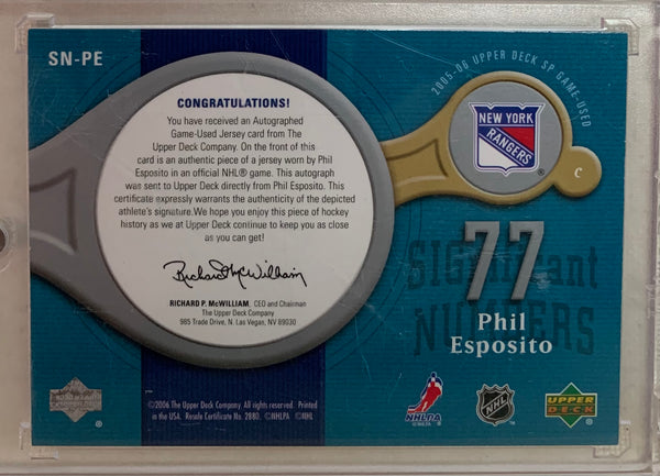 2005-06 SP GAME USED HOCKEY #SN-PE NEW YORK RANGERS - PHIL ESPOSITO SIGNIFICANT NUMBERS AUTO CARD RAW