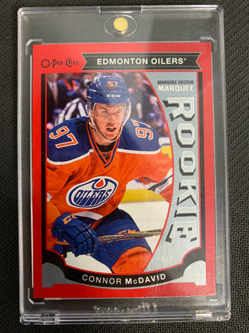 2015-16 UD O-PEE-CHEE HOCKEY #U11 EDMONTON OILERS - CONNOR MCDAVID RED PARALLEL SP MARQUEE ROOKIE CARD