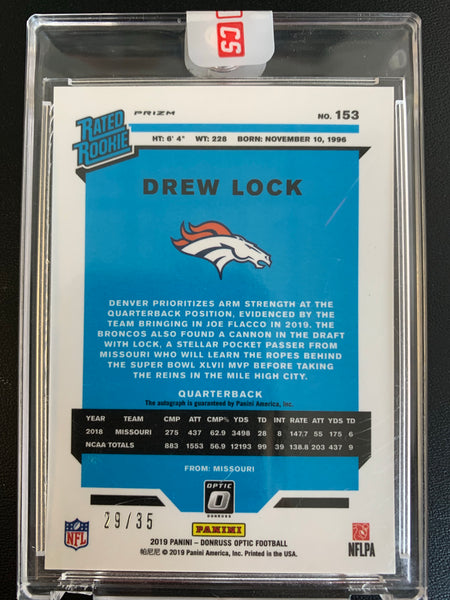 2019 PANINI DONRUSS OPTIC FOOTBALL #153 DENVER BRONCOS - DREW LOCK RATED ROOKIE PURPLE PARALLEL AUTO NUMBERED 29/35