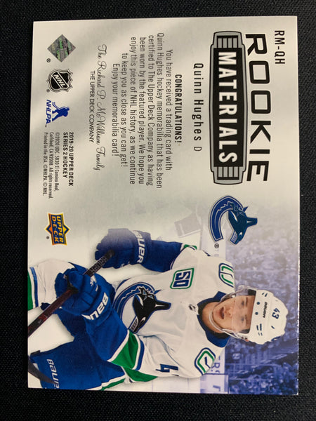 2019-20 UPPER DECK SERIES 2 HOCKEY #RM-QH VANCOUVER CANUCKS - QUINN HUGHES ROOKIE MATERIALS ROOKIE CARD