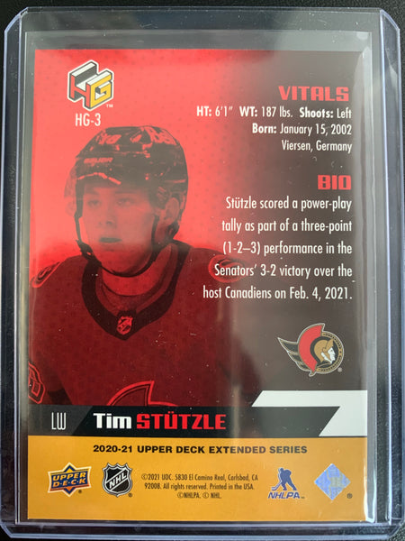 2020-21 UPPER DECK EXTENDED HOCKEY #HG-3 OTTAWA SENATORS - TIM STUTZLE HOLOGR-FX SP GOLD INSERT ROOKIE CARD