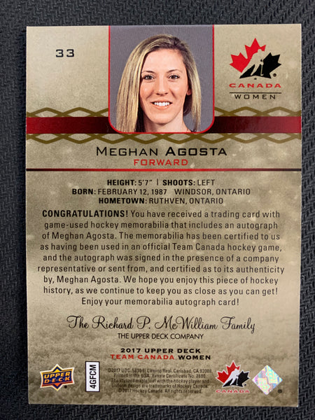 2017 UPPER DECK TEAM CANADA WOMENS HOCKEY #33 - MEGHAN ACOSTA PREMIUM PATCH AUTOGRAPH #'D146/199