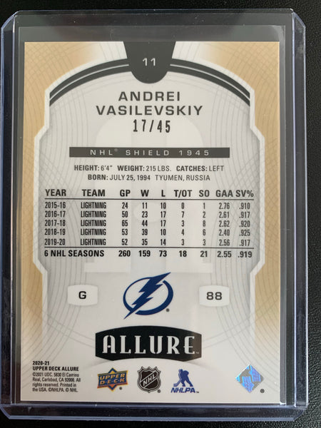 2020-21 UPPER DECK ALLURE HOCKEY #11 TAMPA BAY LIGHTNING - ANDREI VASILEVSKIY "NHL SHIELD 1945" INSERT CARD NUMBERED 17/45