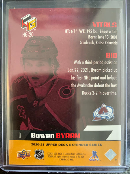 2020-21 UPPER DECK EXTENDED HOCKEY #HG-20 COLORADO AVALANCHE - BOWEN BYRAM GOLD HOLOGR-FX ROOKIE CARD