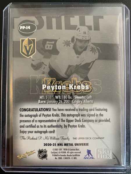 2020-21 UD SKYBOX METAL UNIVERSE HOCKEY #PP-14 VEGAS GOLDEN KNIGHTS - PEYTON KREBS PREMIUM PROSPECTS ROOKIE AUTO