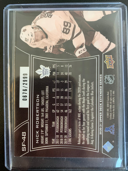 2020-21 UPPER DECK EXTENDED HOCKEY #SF-48 TORONTO MAPLE LEAFS - NICK ROBERTSON SPX FINITE INSERT ROOKIE CARD NUMBERED 0676/2999