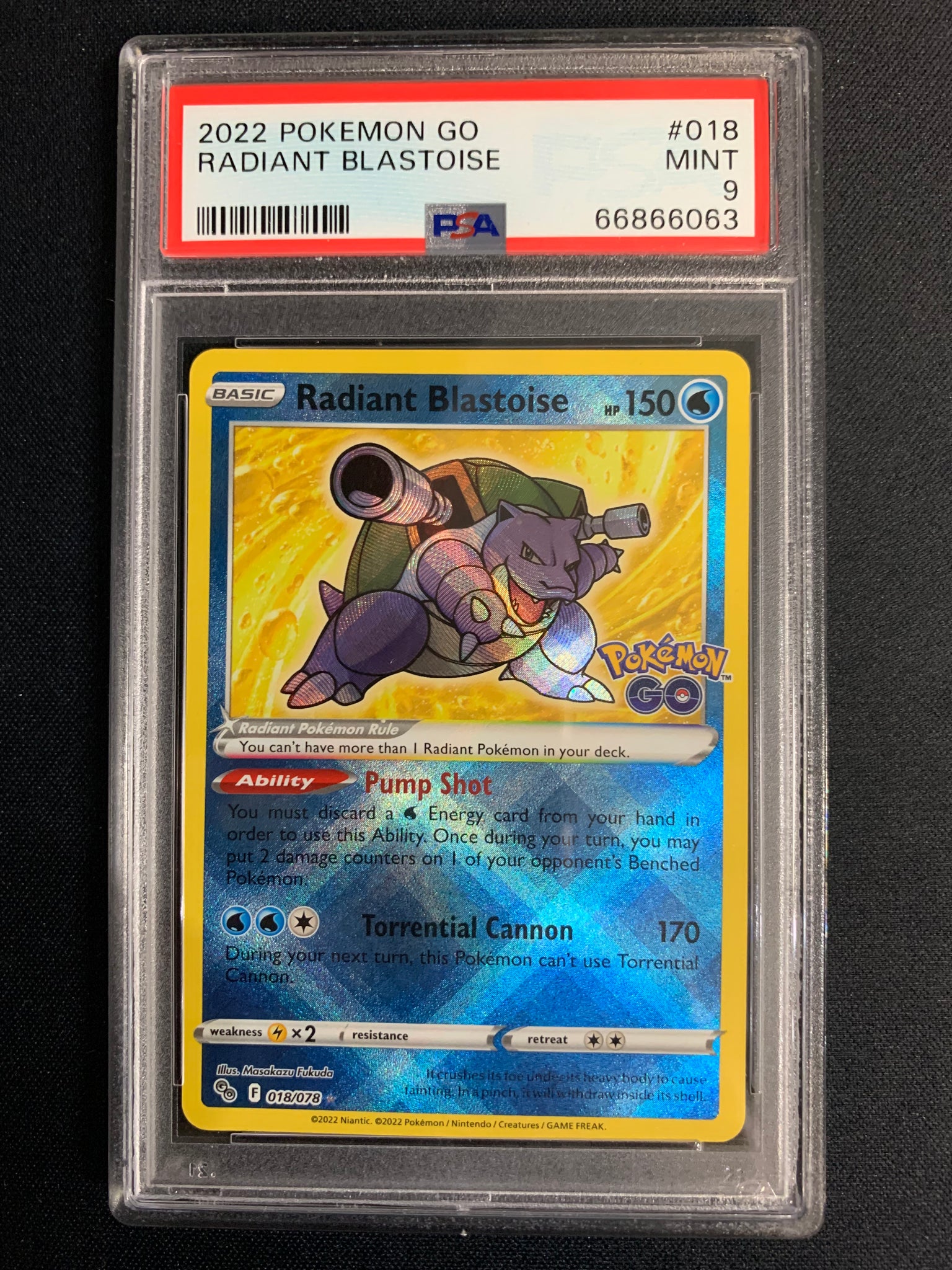 2022 POKEMON GO TCG RADIANT BLASTOISE HOLO RARE #018/078 - GRADED PSA 9 MINT