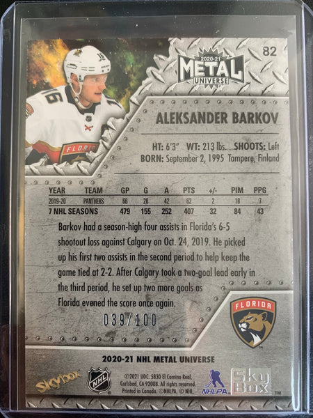 2020-21 UD SKYBOX METAL UNIVERSE HOCKEY #82 FLORIDA PANTHERS - ALEKSANDER BARKOV RED PRECIOUS METAL GEMS NUMBERED 039/100