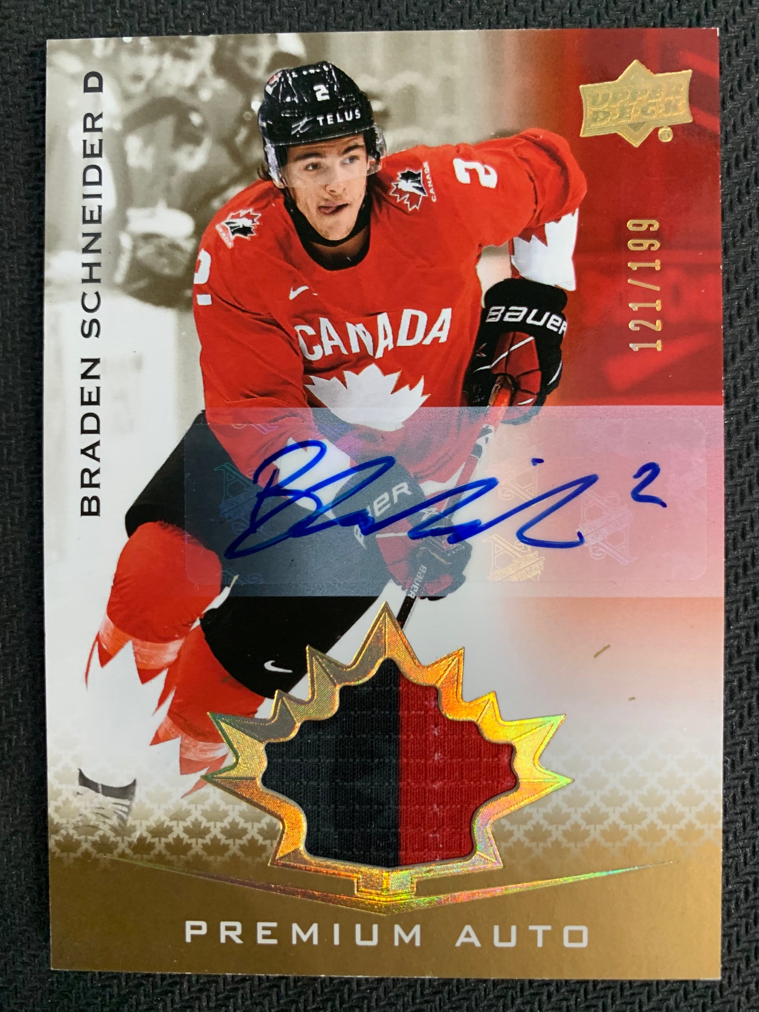 2021 UPPER DECK TEAM CANADA JUNIORS #2 - BRADEN SCHNEIDER PREMIUM PATCH AUTOGRAPH #'D 121/199