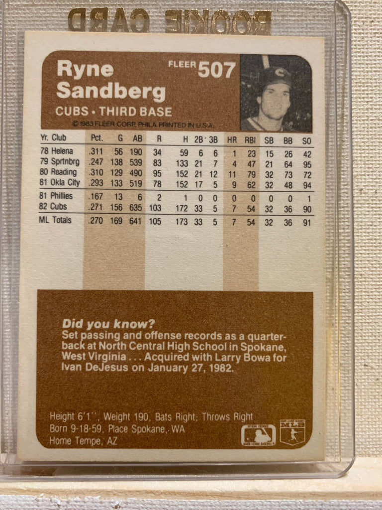 Ryne Sandberg Chicago Cubs 1983 Fleer # 507 Rookie Card