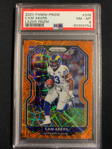 2020 PANINI PRIZM FOOTBALL #376 LOS ANGELES RAMS - CAM AKERS ORANGE LAZER SP PRIZM ROOKIE GRADED PSA 8 NM-MT