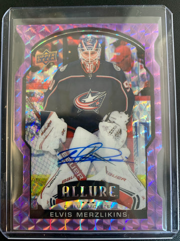 2020-21 UPPER DECK ALLURE HOCKEY #16 - COLUMBUS BLUE JACKETS - ELVIS MERZLIKINS ALLURE PURPLE DIAMOND AUTO NUMBERED 06/10