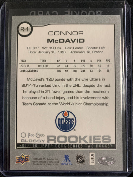 2015-16 UD OPC HOCKEY #R-1 EDMONTON OILERS - CONNOR MCDAVID O-PEE-CHEE GLOSSY ROOKIES ROOKIE CARD