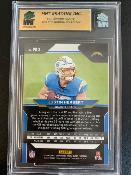 2020 PANINI CHRONICLES FOOTBALL #PB-3 LOS ANGELES CHARGERS - JUSTIN HERBERT PRIZM BLACK ROOKIE CARD GRADED MNT 9.5 GEM MINT