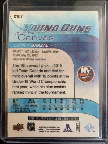 2016-17 UPPER DECK HOCKEY #C107 NEW YORK ISLANDERS - MATHEW BARZAL YOUNG GUNS CANVAS ROOKIE CARD