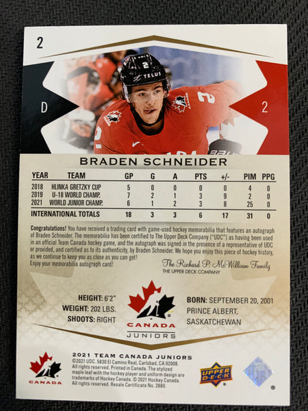 2021 UPPER DECK TEAM CANADA JUNIORS #2 - BRADEN SCHNEIDER PREMIUM PATCH AUTOGRAPH #'D 121/199