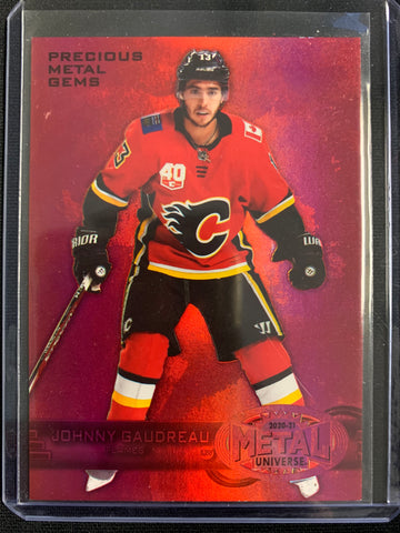 2020-21 UD SKYBOX METAL HOCKEY #R-27 CALGARY FLAMES - JOHNNY GAUDREAU PRECIOUS METAL GEMS NUMBERED 057/100